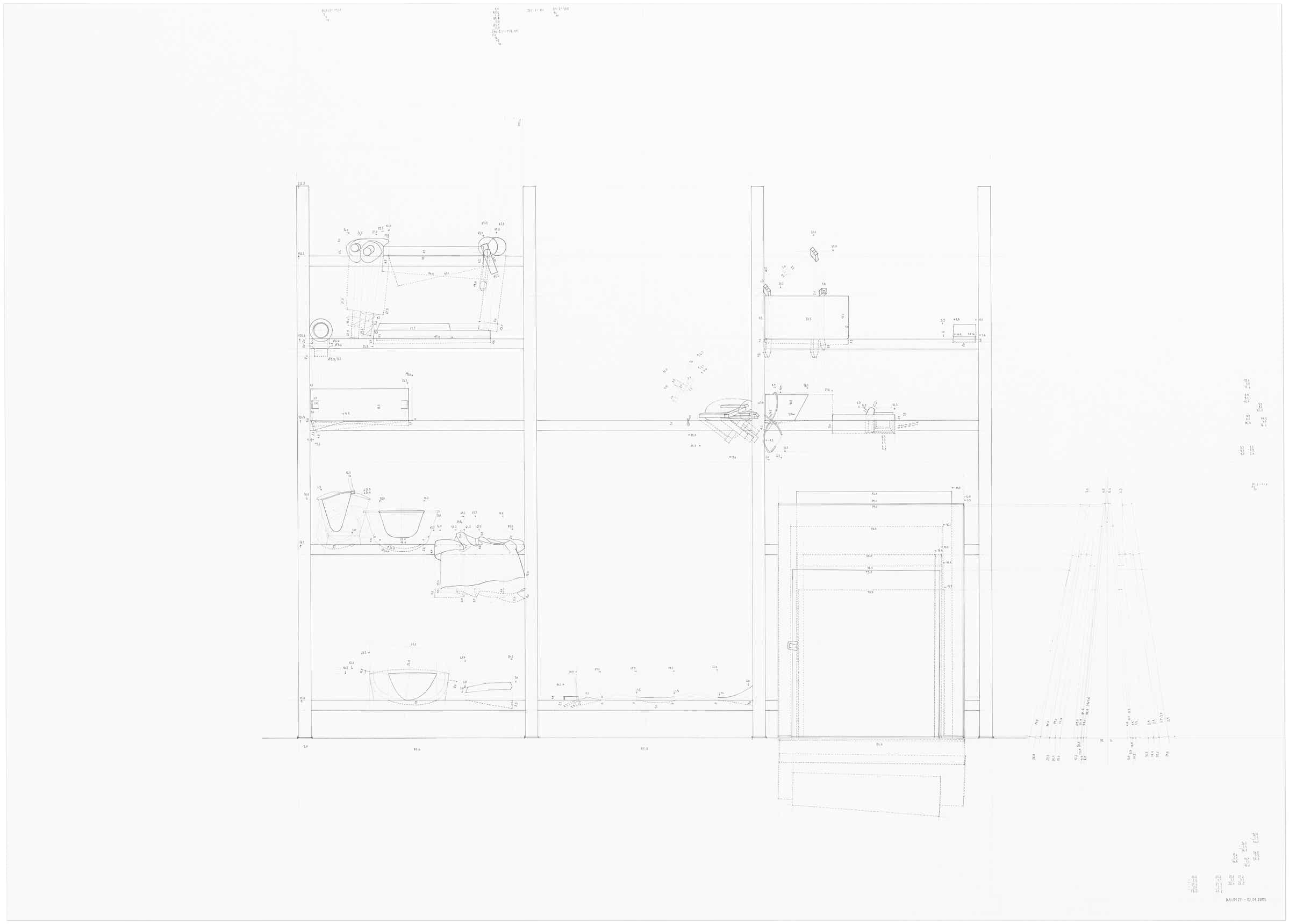 Pencil drawing of the series »Depot« [Storage] by Herbert Stattler.