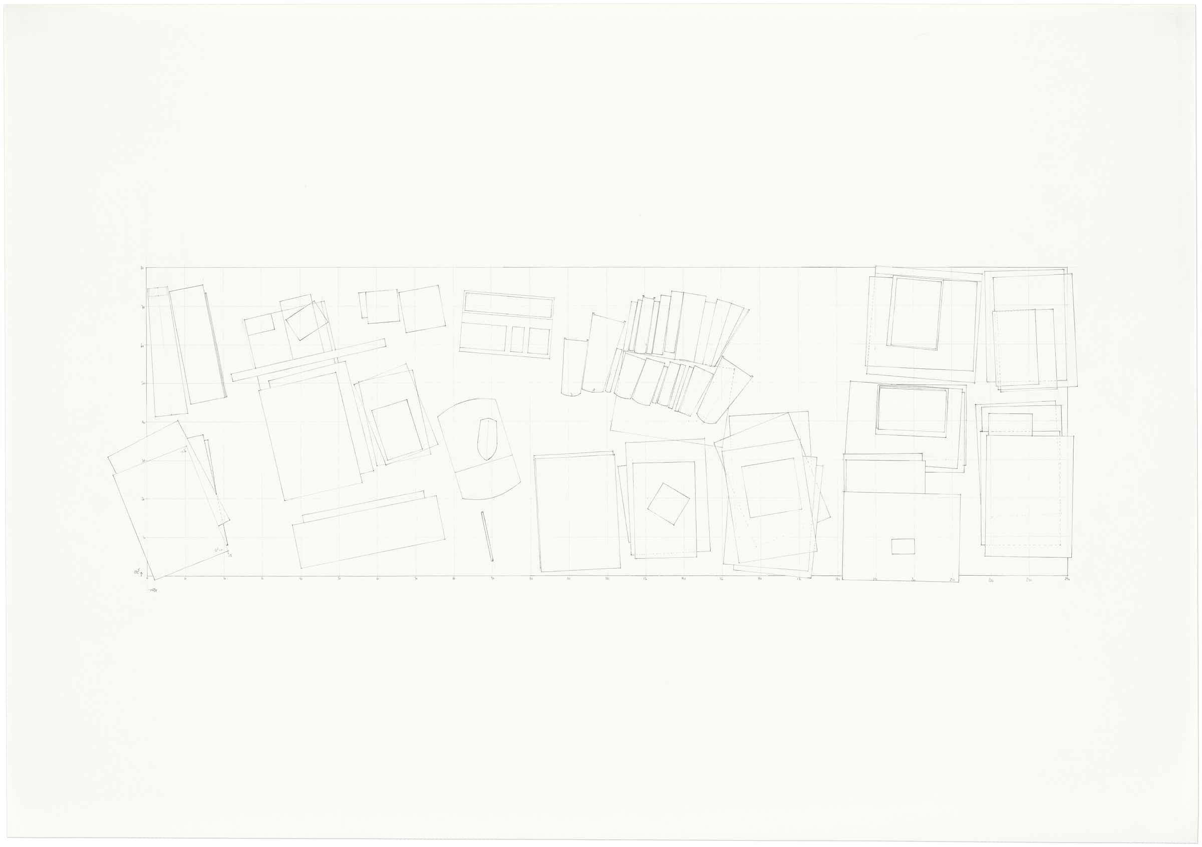 Pencil drawing of the 9 part series »Schreibtische« [Desks] by Herbert Stattler.