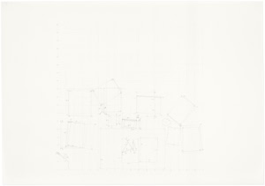 Detailed large-scale pencil drawing by Herbert Stattler showing a top-down cartographic mapping of a desk surface with outlines of office objects and personal items.