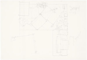 Detailed large-scale pencil drawing by Herbert Stattler showing a top-down cartographic mapping of a desk surface with outlines of office objects and personal items.