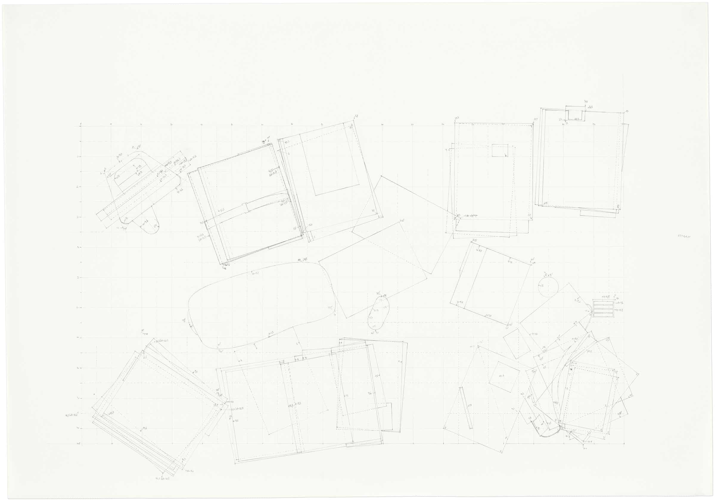 Pencil drawing of the 9 part series »Schreibtische« [Desks] by Herbert Stattler.