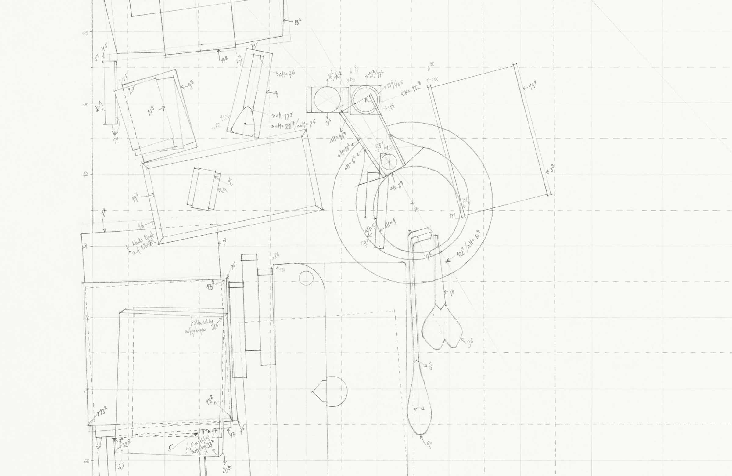 Pencil drawing of the 9 part series »Schreibtische« [Desks] by Herbert Stattler.