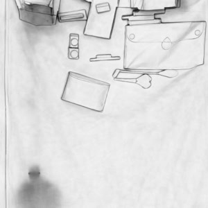 Fine art photograph of a reconstructed desk surface by Herbert Stattler, using backlighting to reduce objects to flattened silhouettes and contours in a 1:1 scale.