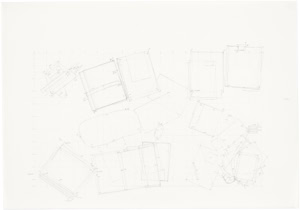 Detailed large-scale pencil drawing by Herbert Stattler showing a top-down cartographic mapping of a desk surface with outlines of office objects and personal items.