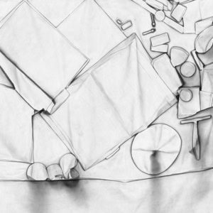 Fine art photograph of a reconstructed desk surface by Herbert Stattler, using backlighting to reduce objects to flattened silhouettes and contours in a 1:1 scale.