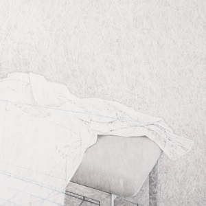 A sparse hand drawing by Herbert Stattler depicting a basement treatment room in a tumor rehabilitation clinic. The scene features a stark, empty medical bed with crumpled sheets, isolated from the room by a privacy curtain.