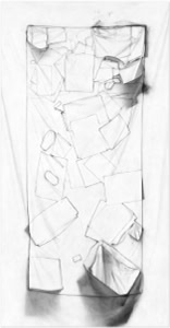 Fine art photograph of a reconstructed desk surface by Herbert Stattler, using backlighting to reduce objects to flattened silhouettes and contours in a 1:1 scale.