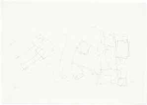 Detailed large-scale pencil drawing by Herbert Stattler showing a top-down cartographic mapping of a desk surface with outlines of office objects and personal items.