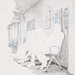 Artistic hand drawing by Herbert Stattler of a basement hallway in an oncology rehabilitation clinic. Patients are seated on four-person benches on both sides of the corridor, waiting for therapy in front of open glass fire doors.