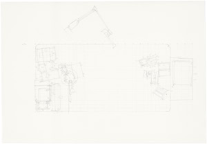 Detailed large-scale pencil drawing by Herbert Stattler showing a top-down cartographic mapping of a desk surface with outlines of office objects and personal items.