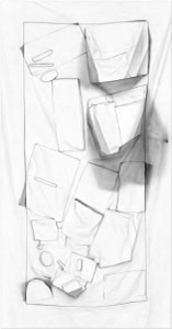 Fine art photograph of a reconstructed desk surface by Herbert Stattler, using backlighting to reduce objects to flattened silhouettes and contours in a 1:1 scale.