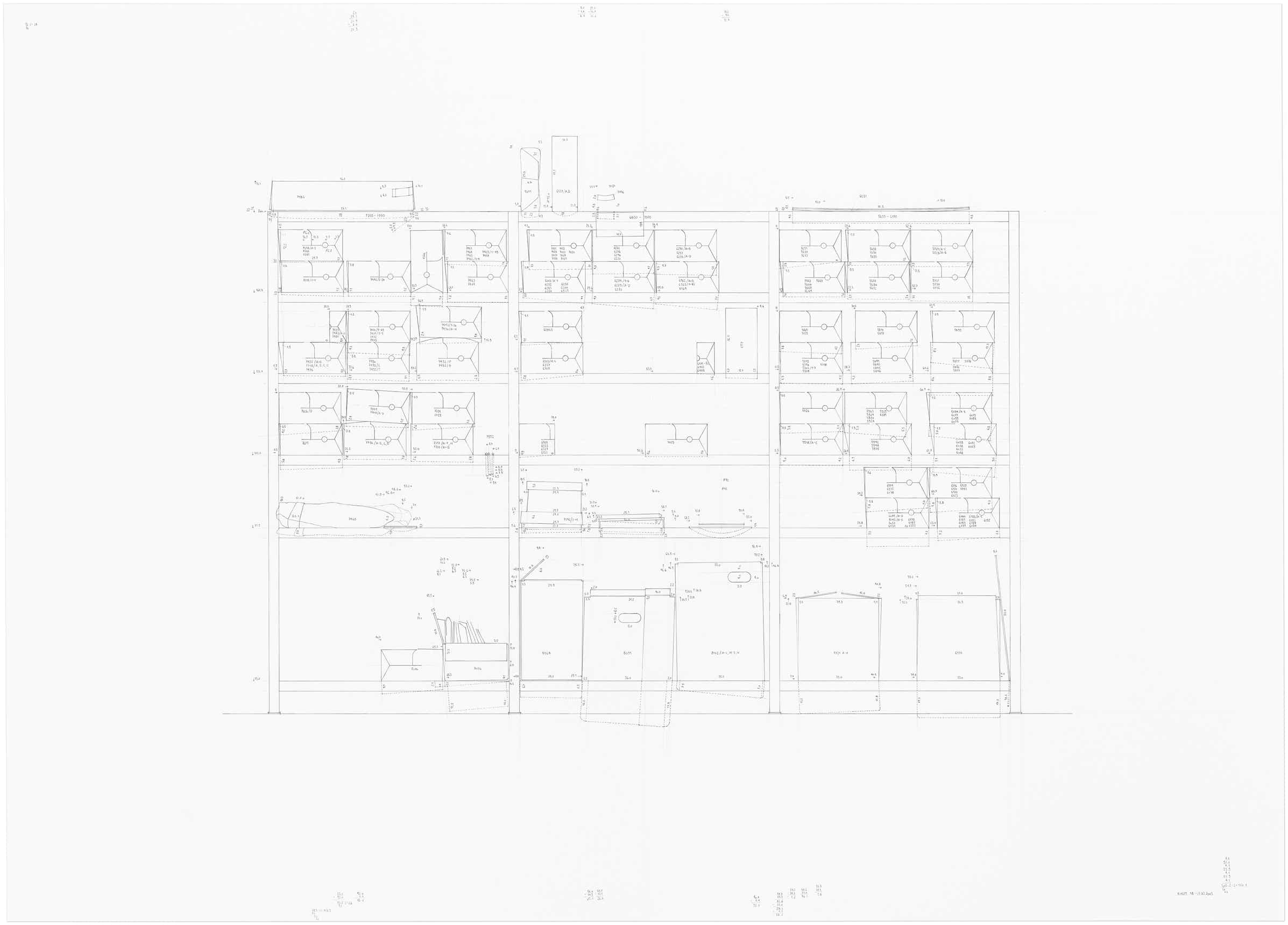 Pencil drawing of the series »Depot« [Storage] by Herbert Stattler.