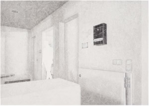 An artistic pencil and colored pencil hand drawing by Herbert Stattler from the series "Anschlussheilbehandlung" (2025–) depicts the corridor of a post-operative cancer rehabilitation facility. In the center, one looks through the middle of three doors into a bright room from which the shadowy, white silhouette of a person holding a bundle of files in their left hand steps into the hallway—a "negative space" (or "white space") typical of the series. The scene is framed in the foreground by a counter with a waist-high, lockable swinging door, and on the right by switches and a dark box labeled "Klinikseelsorge" (Hospital Chaplaincy). The drawing consists of superimposed layers of fine lines creating a transparent, almost textile-like texture. While the architectural contours were drawn directly on-site in blue pencil, the artist added shadows, textures, and the fictional figure in graphite pencil back in the studio: as the figure's body remains unmarked, the white of the paper shines through, leaving only the original blue lines visible within it.
