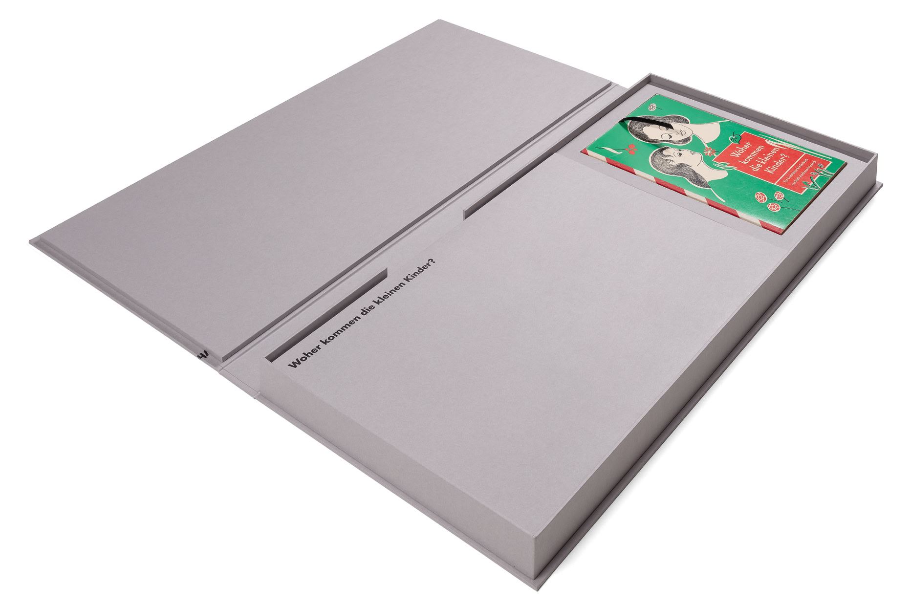 Image of opened box with view of origoinal book from 1957 of Special edition in a run of five copies, numbered 1–5: signed original drawing and book, together with the first edition of the sex education book ›Woher kommen die kleinen Kinder?‹, published in 1957.