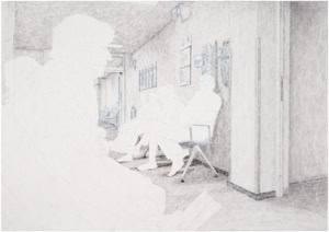 Artistic hand drawing by Herbert Stattler of a basement hallway in an oncology rehabilitation clinic. Patients are seated on four-person benches on both sides of the corridor, waiting for therapy in front of open glass fire doors.