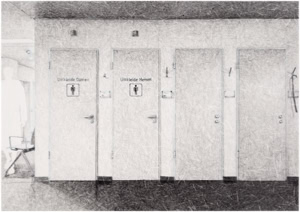 An artistic hand drawing by Herbert Stattler depicting the basement level of a tumor rehabilitation clinic. The scene shows a lone patient walking down a hallway lined with four doors, including marked locker rooms for men and women.