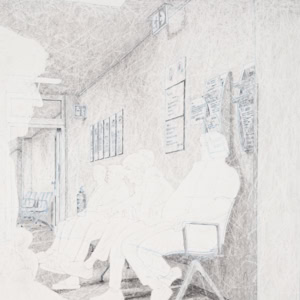 Artistic hand drawing by Herbert Stattler of a basement hallway in an oncology rehabilitation clinic. Patients are seated on four-person benches on both sides of the corridor, waiting for therapy in front of open glass fire doors.