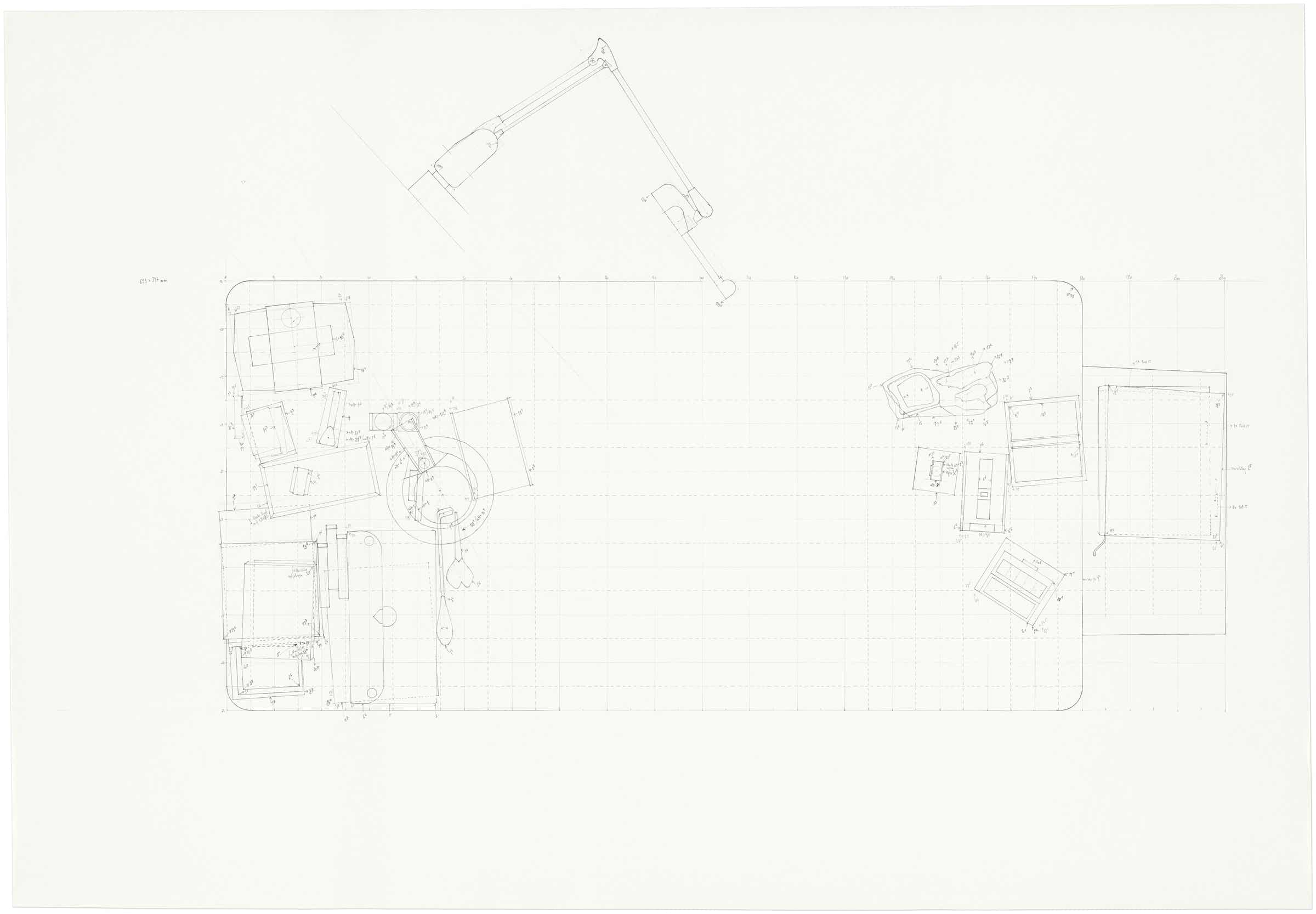 Pencil drawing of the 9 part series »Schreibtische« [Desks] by Herbert Stattler.