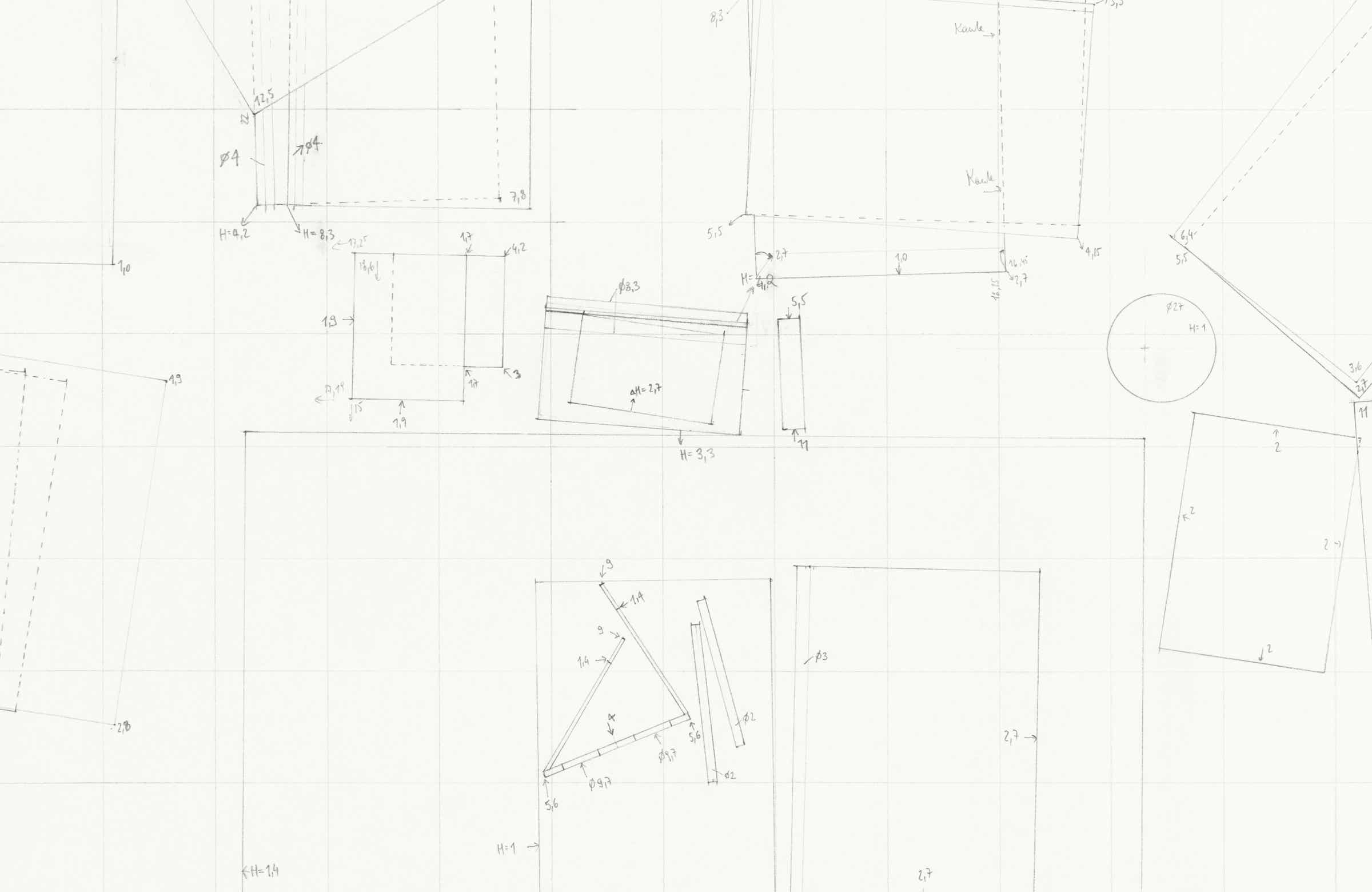 Pencil drawing of the 9 part series »Schreibtische« [Desks] by Herbert Stattler.