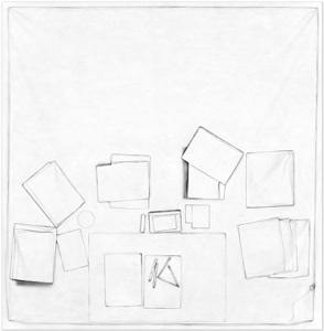 Fine art photograph of a reconstructed desk surface by Herbert Stattler, using backlighting to reduce objects to flattened silhouettes and contours in a 1:1 scale.