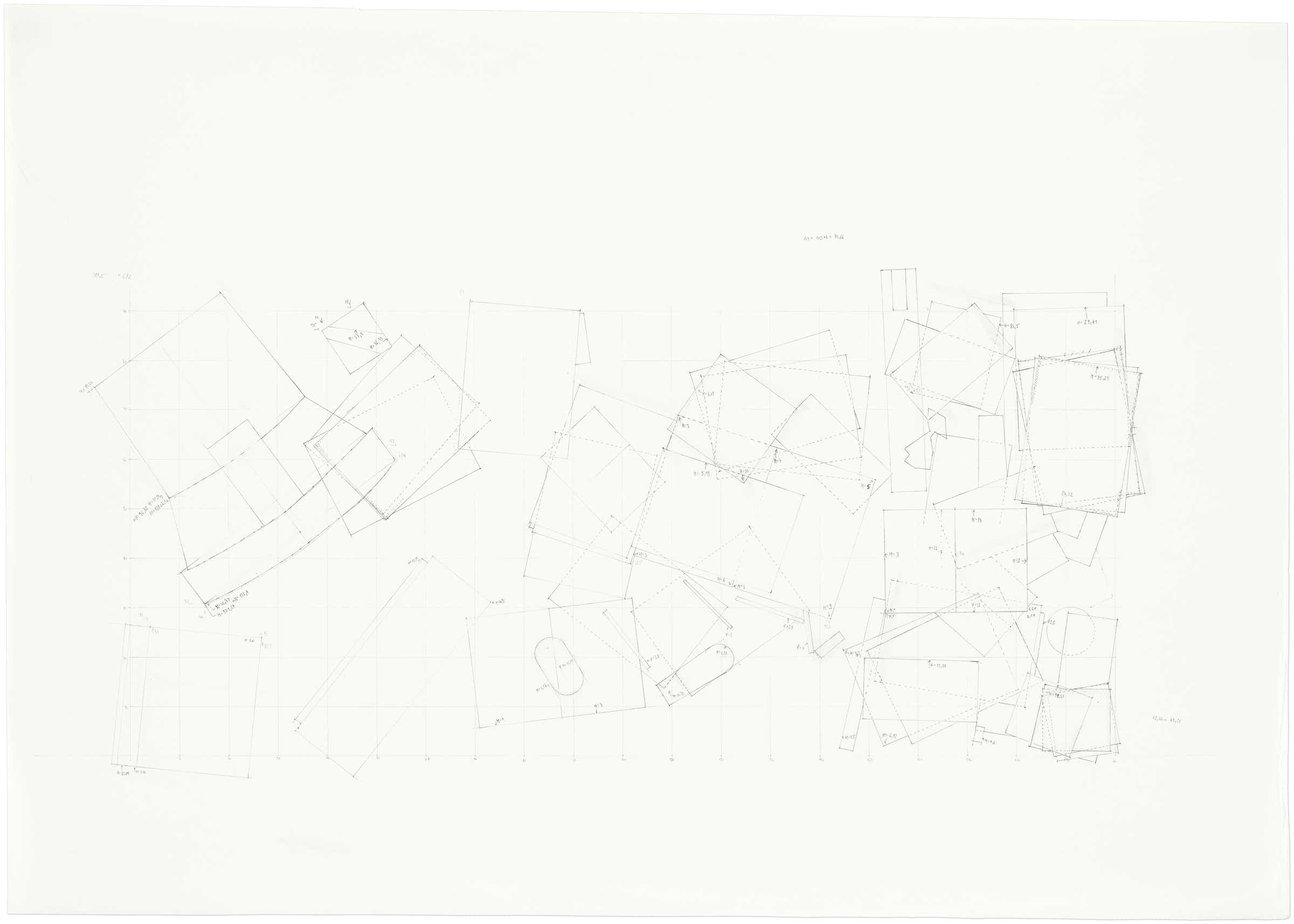 Pencil drawing of the 9 part series »Schreibtische« [Desks] by Herbert Stattler.