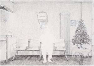 Artistic hand drawing by Herbert Stattler depicting the waiting area for a therapeutic pool in a tumor rehabilitation clinic. A patient in a bathrobe sits on a bench next to a small, decorated plastic Christmas tree on a low table.