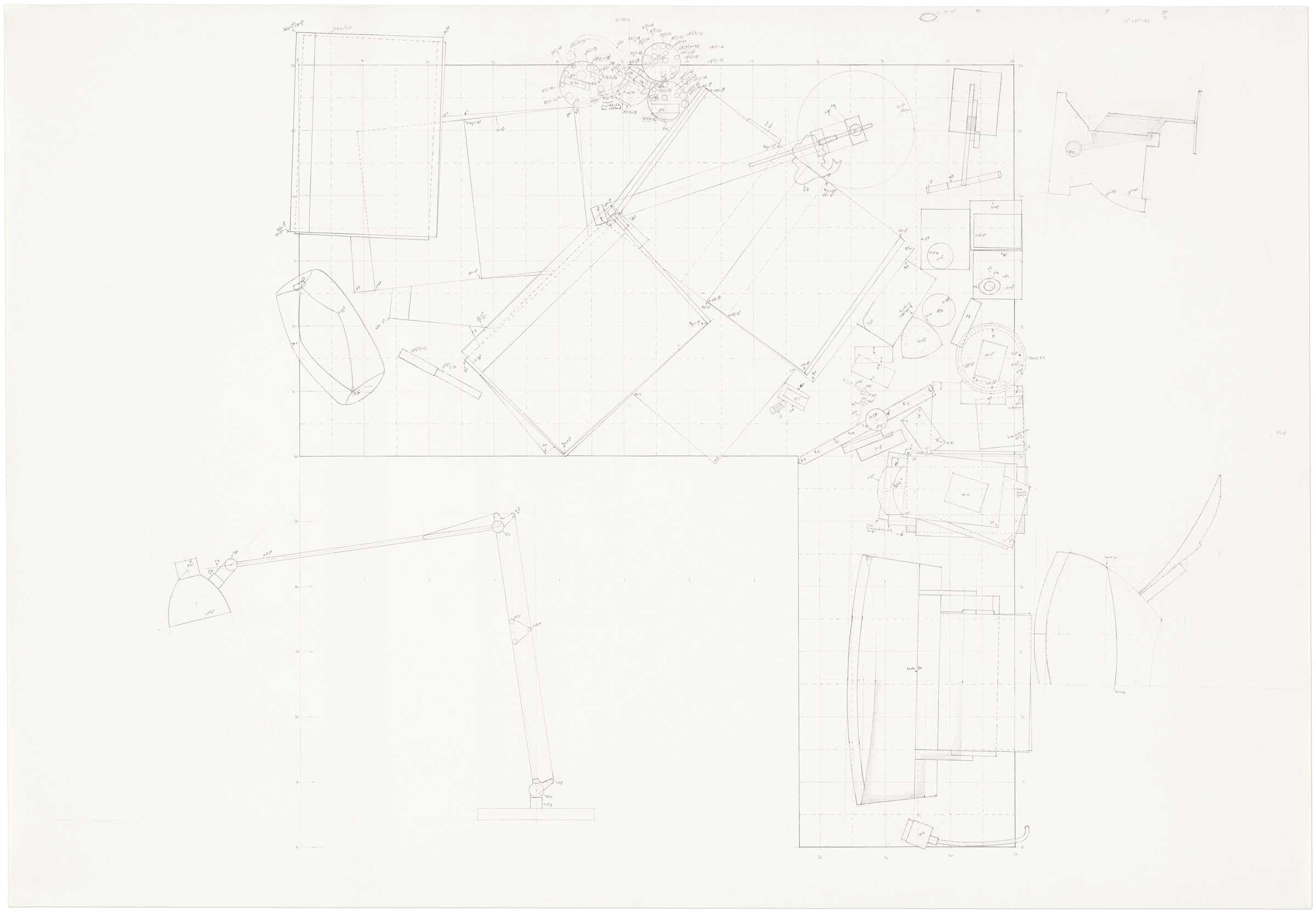 Pencil drawing of the 9 part series »Schreibtische« [Desks] by Herbert Stattler.