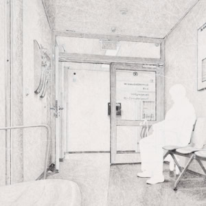 Artistic hand drawing by Herbert Stattler depicting a basement hallway in a tumor rehabilitation clinic. A lone patient sits on one of two four-person benches with their walker nearby, facing open glass fire doors at the end of the corridor.