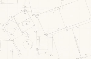 Detailed large-scale pencil drawing by Herbert Stattler showing a top-down cartographic mapping of a desk surface with outlines of office objects and personal items.