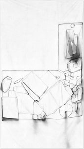 Fine art photograph of a reconstructed desk surface by Herbert Stattler, using backlighting to reduce objects to flattened silhouettes and contours in a 1:1 scale.