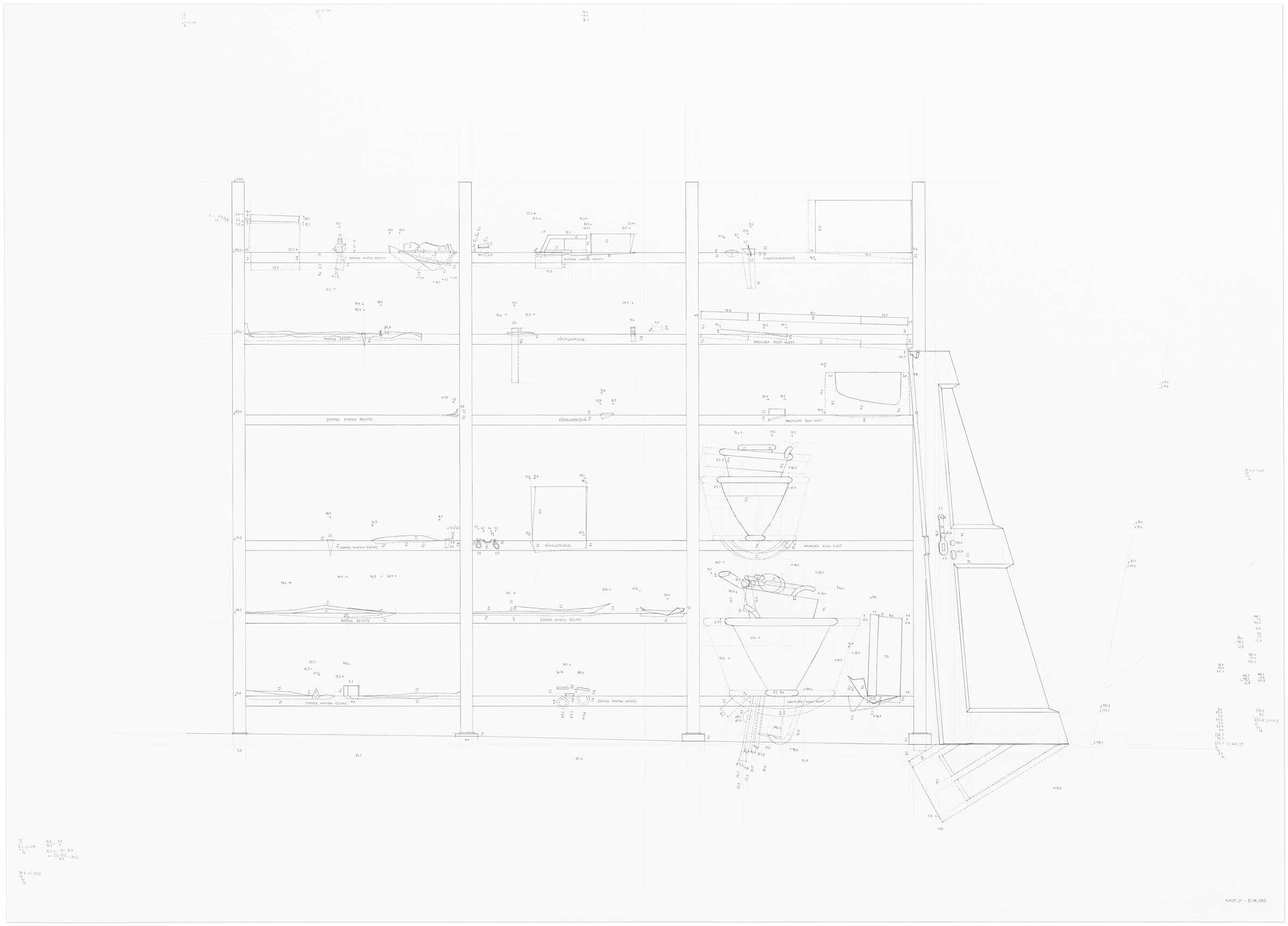 Pencil drawing of the series »Depot« [Storage] by Herbert Stattler.