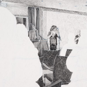 Artistic hand drawing by Herbert Stattler featuring a live concert in the ground-floor assembly hall of a tumor rehabilitation clinic. In the background, a pan flute player performs with a percussionist accompaniment, while rows of patients watch from the foreground.