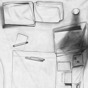 Fine art photograph of a reconstructed desk surface by Herbert Stattler, using backlighting to reduce objects to flattened silhouettes and contours in a 1:1 scale.