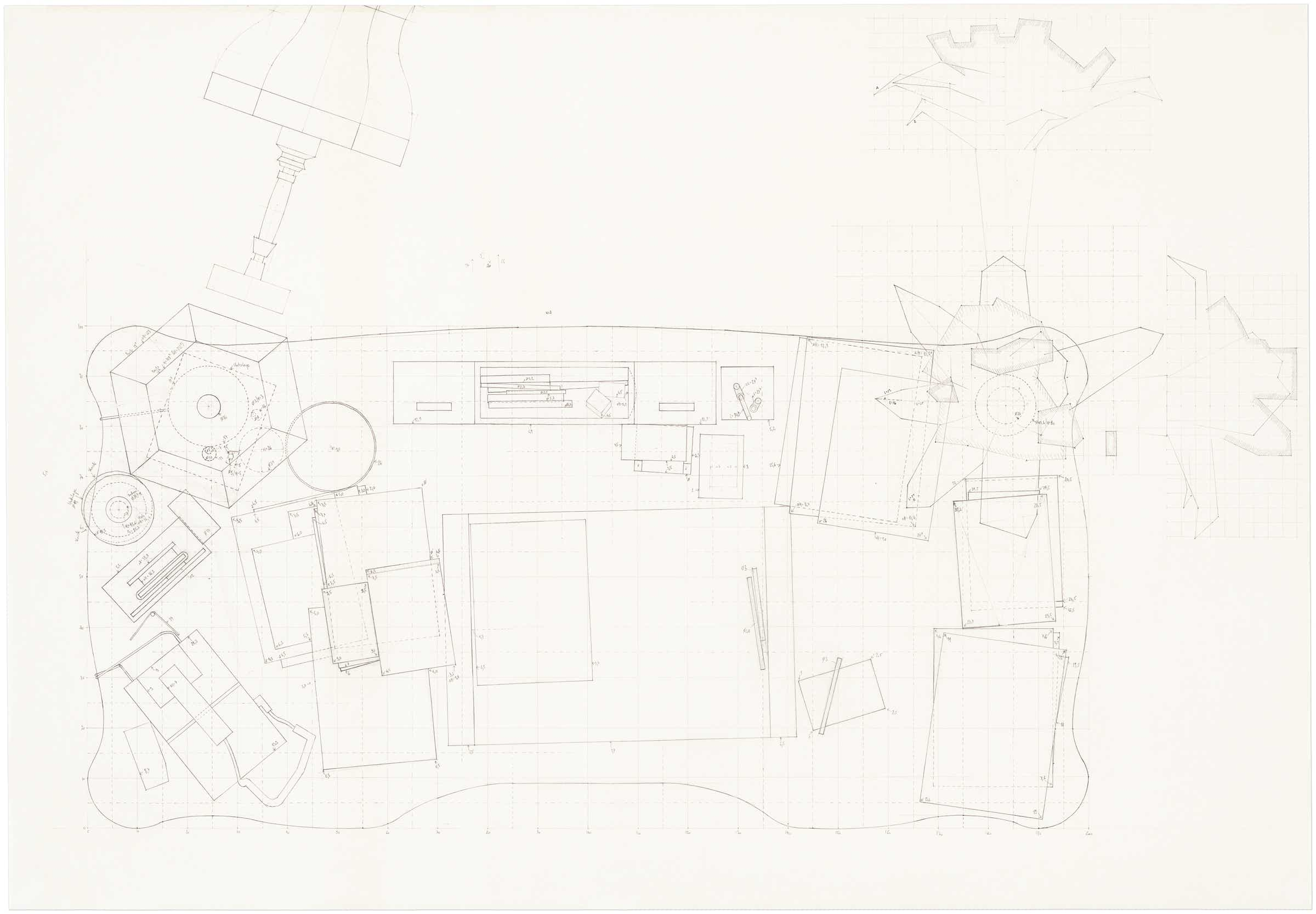 Pencil drawing of the 9 part series »Schreibtische« [Desks] by Herbert Stattler.