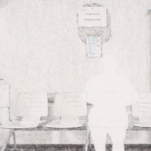 Artistic hand drawing by Herbert Stattler depicting the waiting area for a therapeutic pool in a tumor rehabilitation clinic. A patient in a bathrobe sits on a bench next to a small, decorated plastic Christmas tree on a low table.