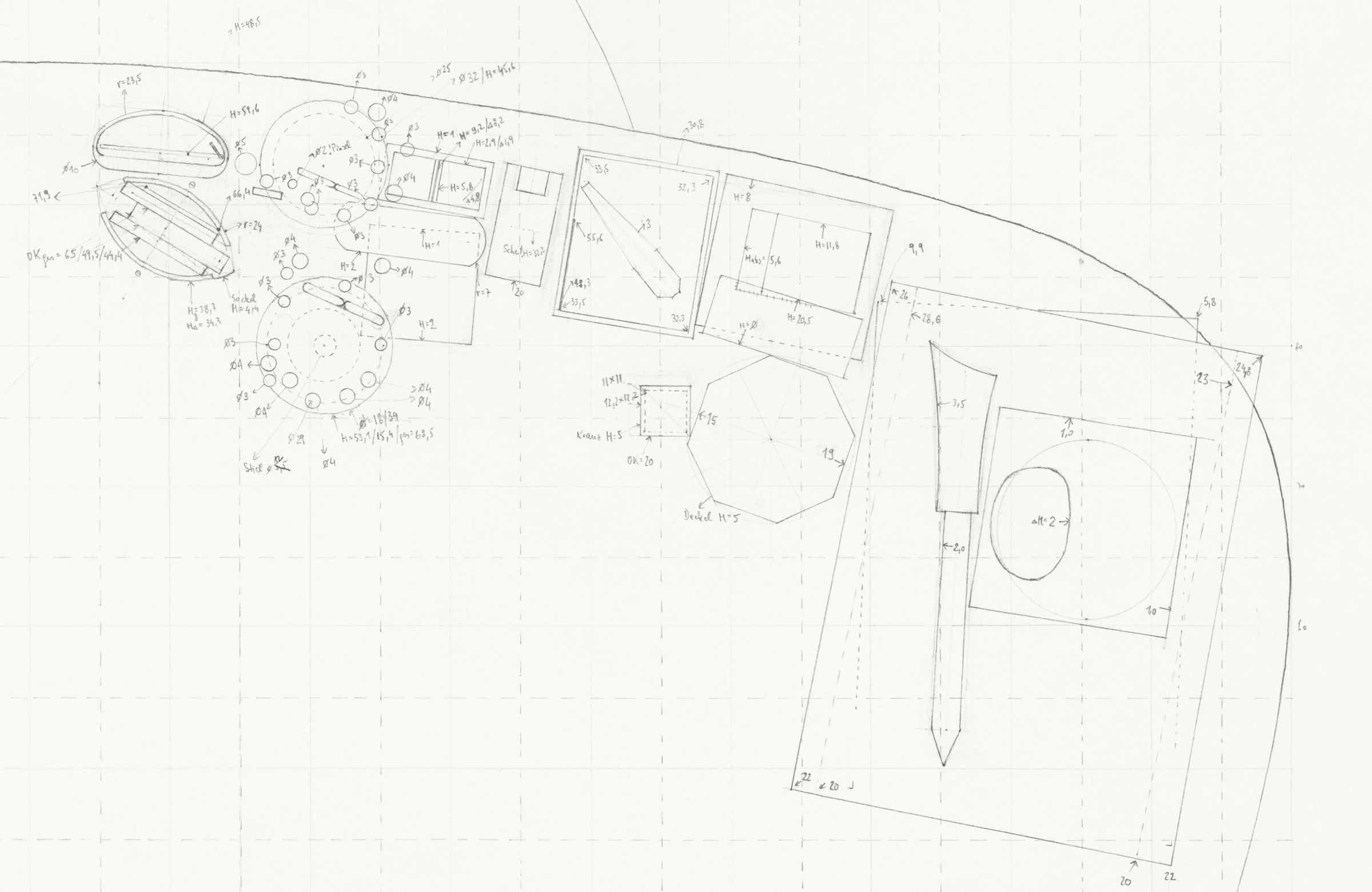 Pencil drawing of the 9 part series »Schreibtische« [Desks] by Herbert Stattler.